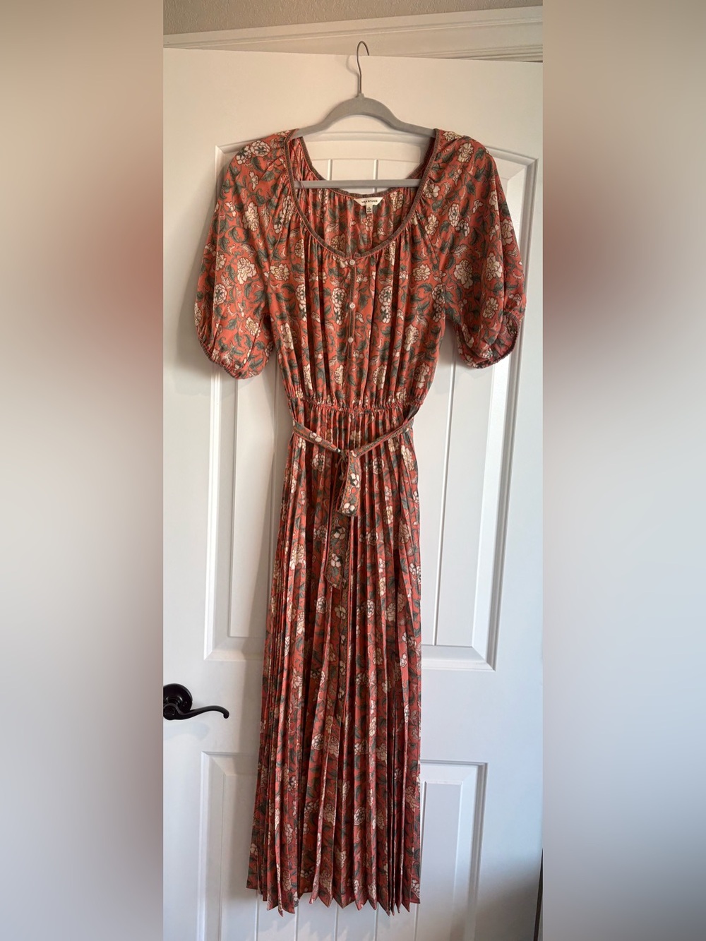 Max Studio Floral Pleated Maxi Dress S Boho Puff Sleeve Tie Waist